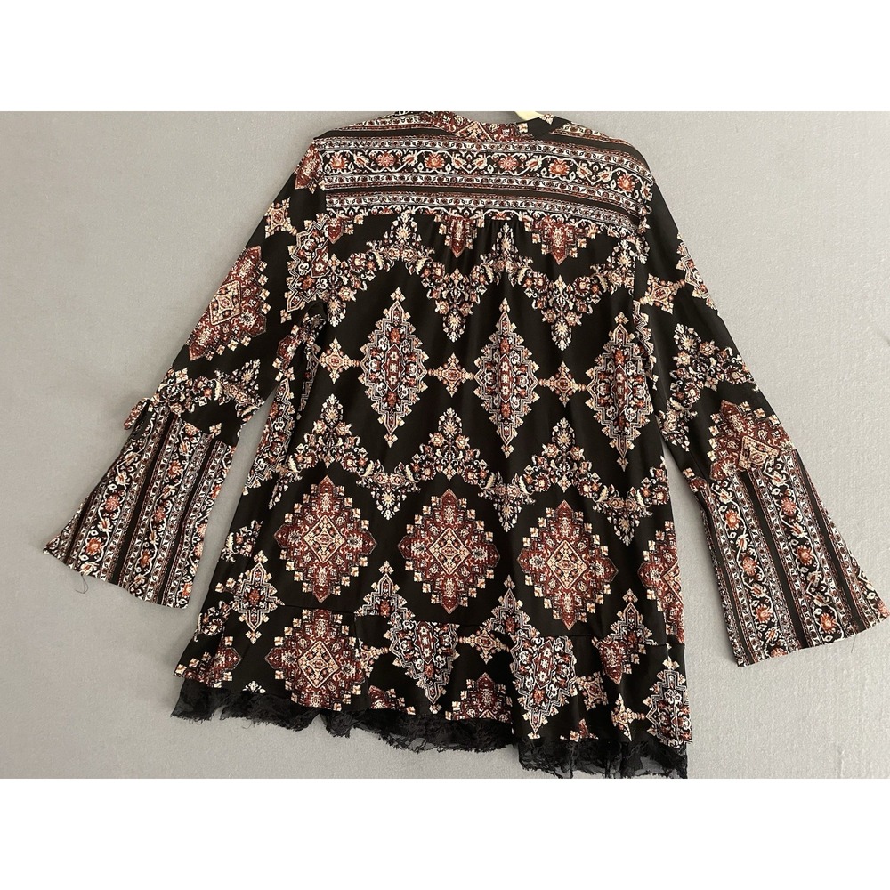 Style & Co Women M Bell Sleeve Tunic Top Fairy Grunge Black Lace Brown Boho Folk - Picture 15 of 16